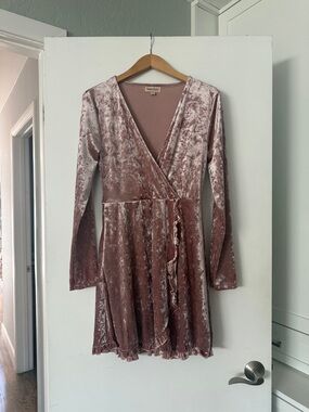 Crushed Velvet Wrap Dress in Dusty Rose